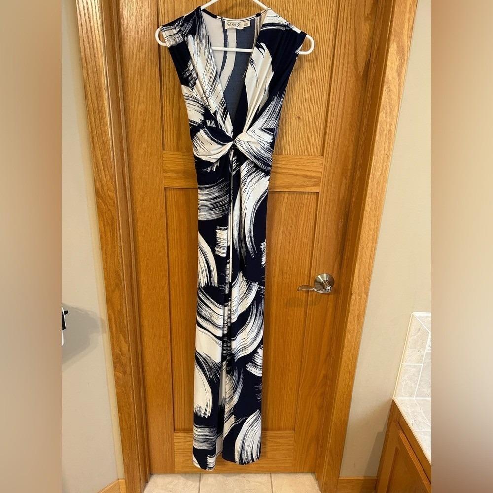 Eliza J Navy White Abstract Brushstroke Twist Front Maxi Dress Size 4 Small